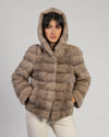 Martina - Giacca Donna Beige in vera pelliccia di Visone con Cappuccio