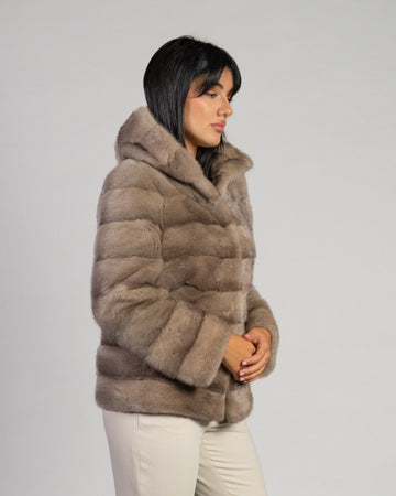 Martina - Giacca Donna Beige in vera pelliccia di Visone con Cappuccio
