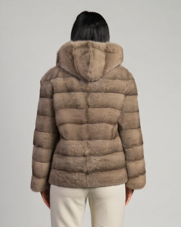 Martina - Giacca Donna Beige in vera pelliccia di Visone con Cappuccio