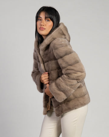 Martina - Giacca Donna Beige in vera pelliccia di Visone con Cappuccio