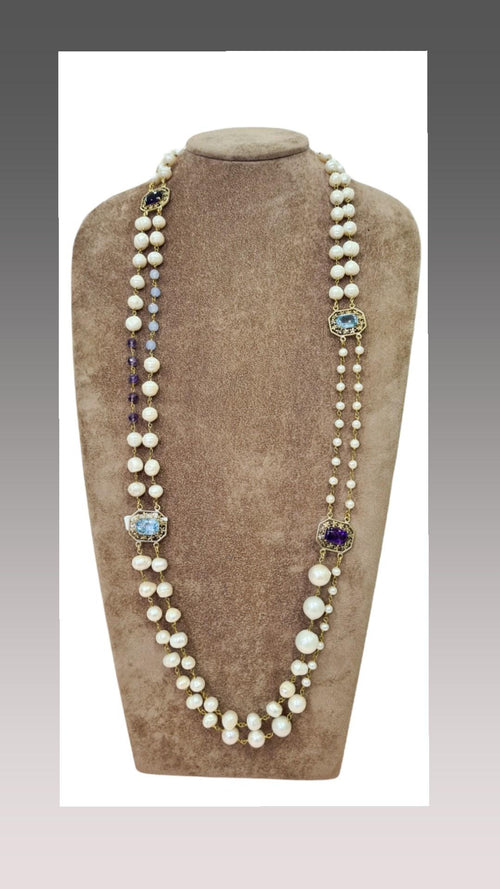 VINTAGE BIJOUX - Collana lunga di perla , con pietre colorate