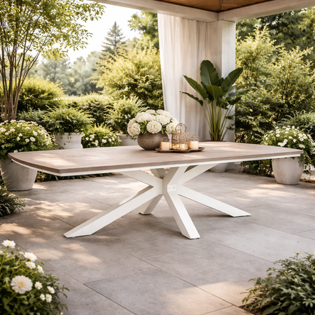 Tavolo "Zelmar" con struttura in alluminio, piano in doghe effetto legno, per arredo interno ed esterno