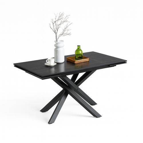 Tavolo Rigel con gambe in ferro e piano in ceramica nero, design moderno, 140/200 x 80 x h 76 cm