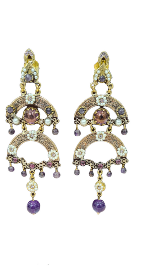 VINTAGE BIJOUX - Orecchino pendente con perline e pietre dure viola