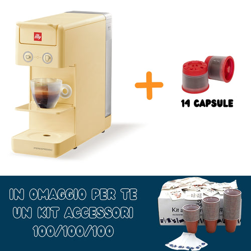 Illy Macchina Iperespresso A Capsule Y3.3 Gialla + 14 Capsule Caffè + Kit Accessori 100 Palettine/bicchierini/zucchero