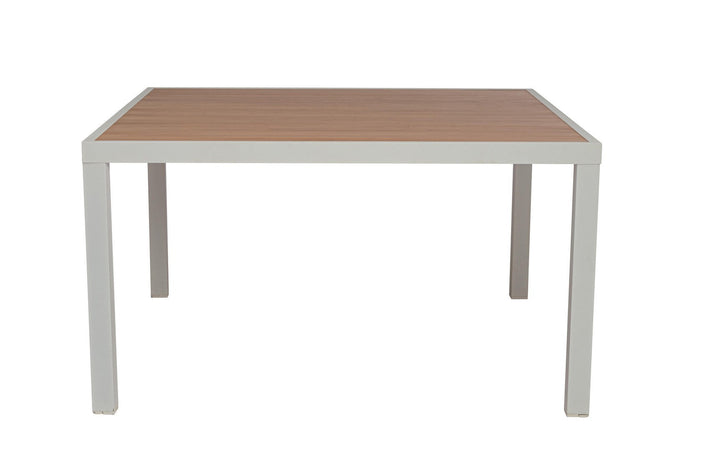 Tavolo "Hilija" struttura in alluminio verniciato a polvere piano effetto legno per arredo casa
