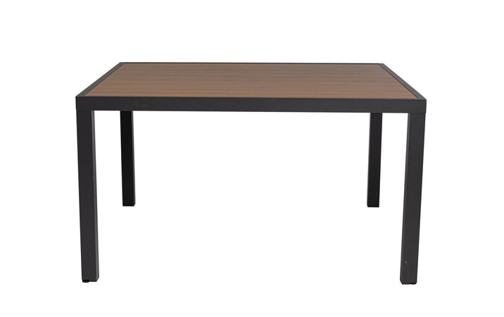 Tavolo "Hilija" struttura in alluminio verniciato a polvere piano effetto legno per arredo casa