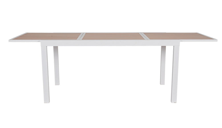 Tavolo "Hilija" struttura in alluminio verniciato a polvere piano effetto legno per arredo casa