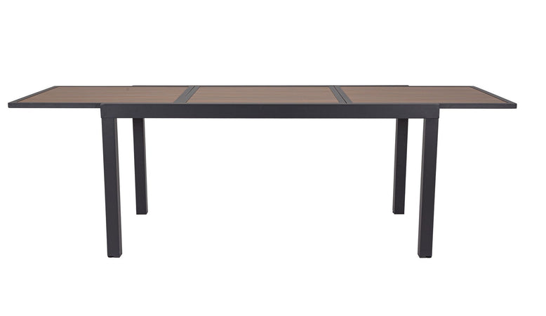 Tavolo "Hilija" struttura in alluminio verniciato a polvere piano effetto legno per arredo casa
