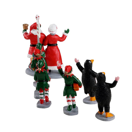 Parata degli elfi di Babbo Natale, personaggi per villaggio di Natale in resina
