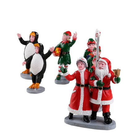 Parata degli elfi di Babbo Natale, personaggi per villaggio di Natale in resina