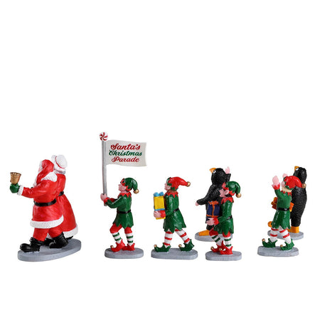 Parata degli elfi di Babbo Natale, personaggi per villaggio di Natale in resina