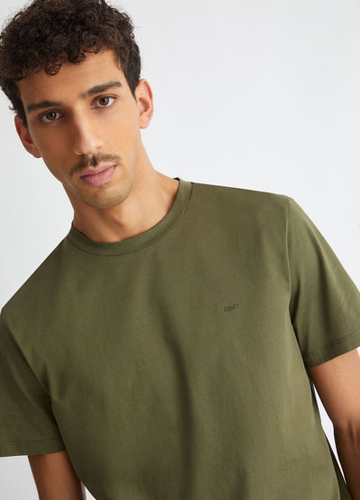 Liu-jo T-shirt Uomo Verde Militare Jersey Di Cotone Maniche Corte Girocollo Tinta Unita Mini Logo Stampato