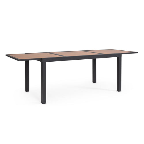 Tavolo Hilija struttura in alluminio verniciato a polvere piano effetto legno per arredo casa