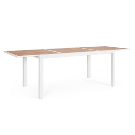 Tavolo "Hilija" struttura in alluminio verniciato a polvere piano effetto legno per arredo casa