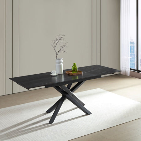 Tavolo "Rigel" con gambe in ferro e piano in ceramica nero, design moderno, 140/200 x 80 x h 76 cm