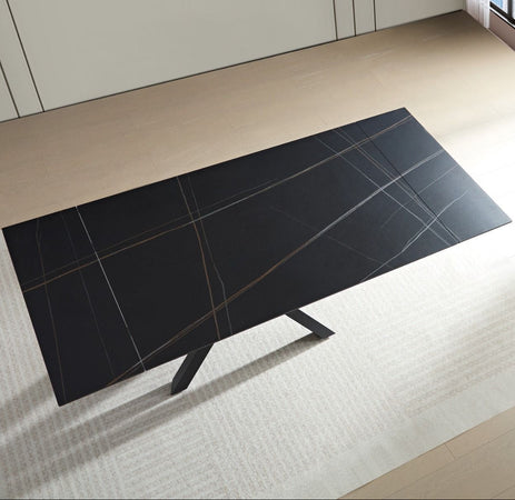Tavolo "Rigel" con gambe in ferro e piano in ceramica nero, design moderno, 140/200 x 80 x h 76 cm