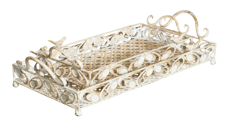 Biscottini Biscottini Set 2 Vassoi Ferro Lavorato Finitura Bianca Anticata 57x26x12