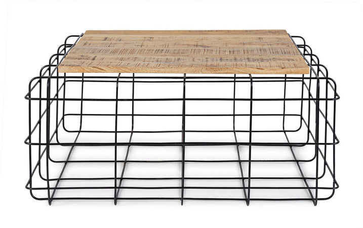 Tavolino "Trellis" struttura in acciaio piano in legno di mango per arredamento