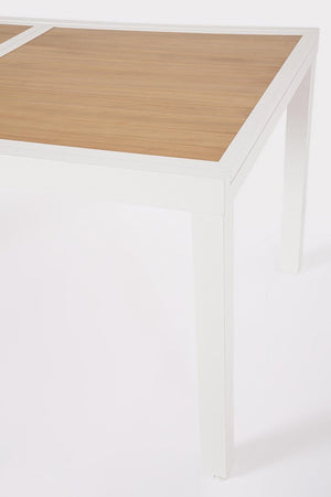 Tavolo "Hilija" struttura in alluminio verniciato a polvere piano effetto legno per arredo casa