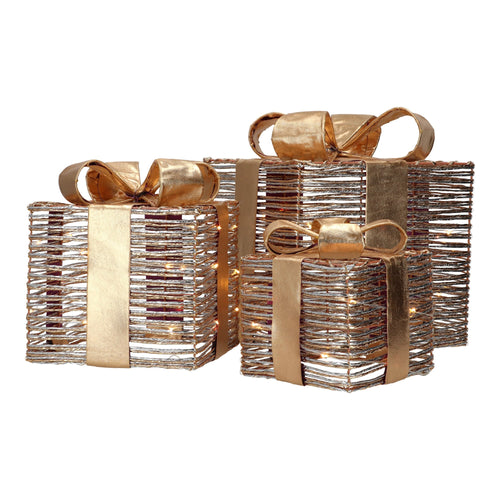 Pacchi regalo natalizi con LED luminosi color oro decorazione natalizia set da 3