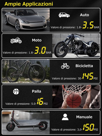 Compressore Portatile con Sensore Pressione, Schermo LCD Digitale e Luce LED, 4 Modalità per Auto, Moto, Bicicletta, Palone