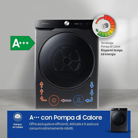 Samsung Asciugatrice 16 Kg Classe A+++ Inverter con Pompa di Calore Profondità 84 cm Wi-Fi colore Nero - DV16DG8600BVU3