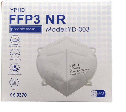 25 Mascherine Protettive Ffp3 Scatola Da 25 Certificate Ce 0370 Mascherina Filtrante Protettiva Bfe>99% Yphd Hphd