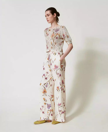 Twinset Pantalone donna in crêpe de Chine a fiori con elastico 251TP2776