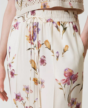 Twinset Pantalone donna in crêpe de Chine a fiori con elastico 251TP2776