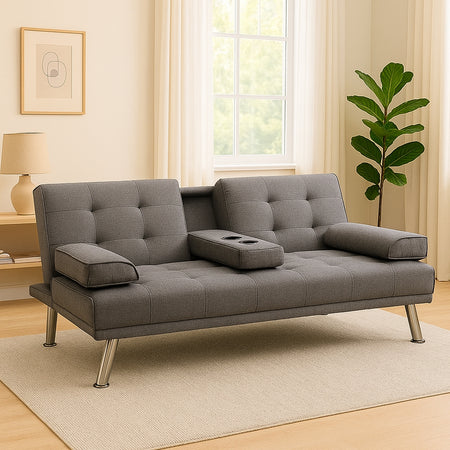 Divano Convertibile 2in1 in Tessuto Grigio Cuscini e Bracciolo con Portabibite