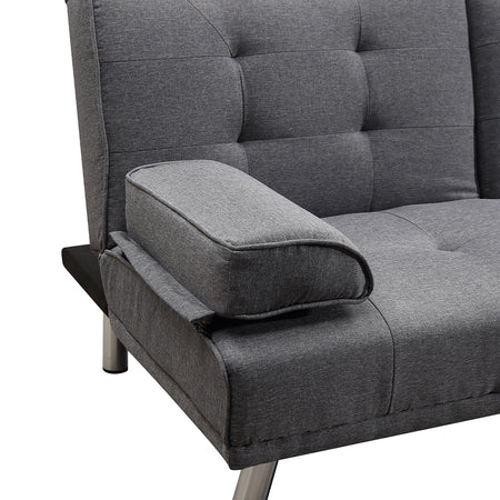 Divano Convertibile 2in1 in Tessuto Grigio Cuscini e Bracciolo con Portabibite