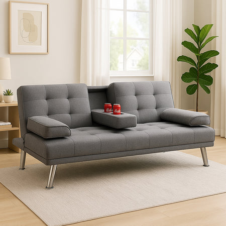 Divano Convertibile 2in1 in Tessuto Grigio Cuscini e Bracciolo con Portabibite