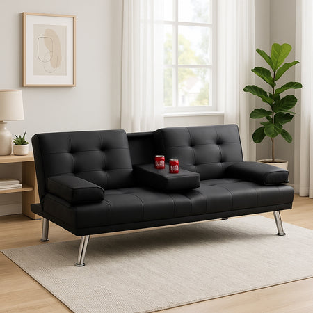 Divano Convertibile 2in1 in Ecopelle Nero Cuscini e Bracciolo con Portabibite