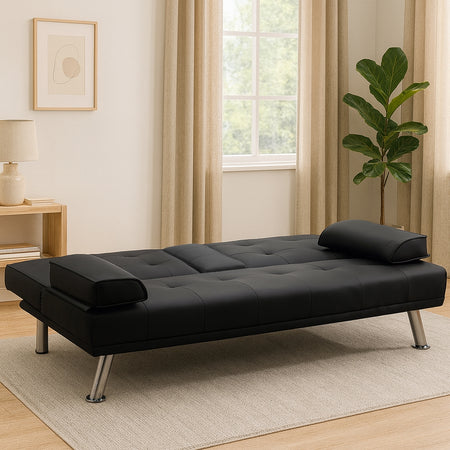 Divano Convertibile 2in1 in Ecopelle Nero Cuscini e Bracciolo con Portabibite