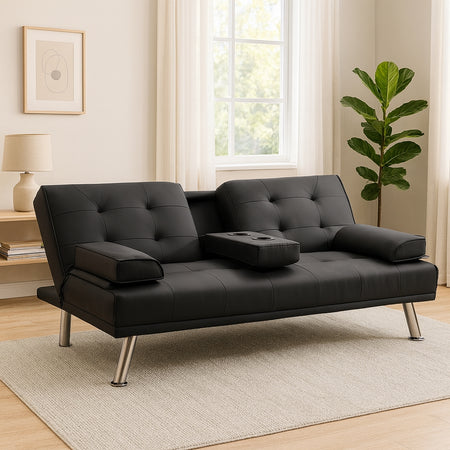 Divano Convertibile 2in1 in Ecopelle Nero Cuscini e Bracciolo con Portabibite