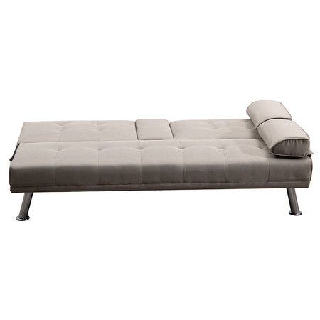 Divano Convertibile 2in1 in Tessuto Tortora Cuscini e Bracciolo con Portabibite