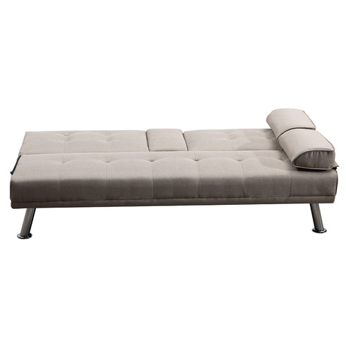 Divano Convertibile 2in1 in Tessuto Tortora Cuscini e Bracciolo con Portabibite