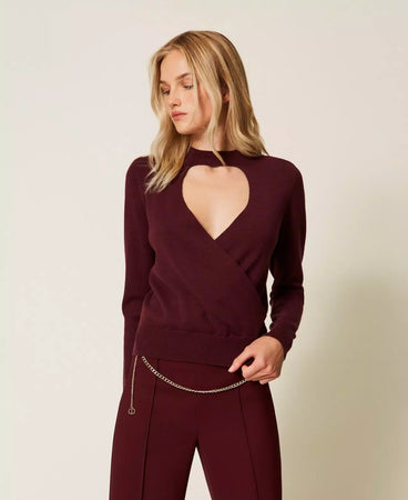 Twinset maglia donna con cut-out e incrocio viola winetasting