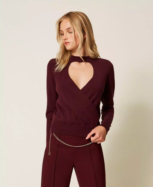 Twinset maglia donna con cut-out e incrocio viola winetasting