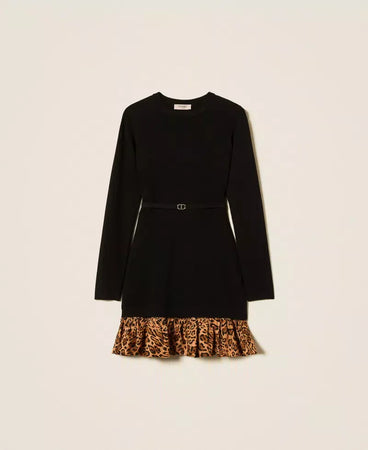 Twinset Abito donna corto in maglia con inserto animalier