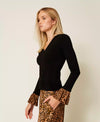 Twinset Maglia Donna con Inserti Animalier – Nero/Marrone, linea fitted