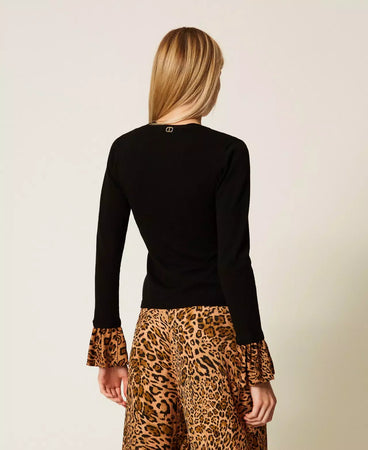 Twinset Maglia Donna con Inserti Animalier – Nero/Marrone, linea fitted