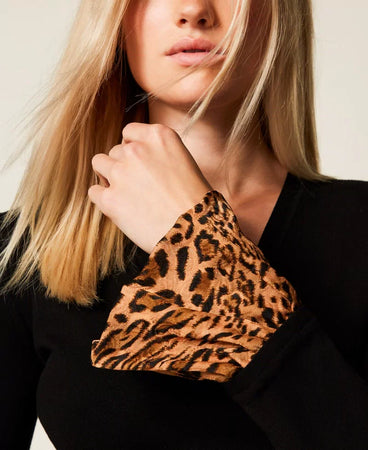 Twinset Maglia Donna con Inserti Animalier – Nero/Marrone, linea fitted
