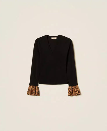 Twinset Maglia Donna con Inserti Animalier – Nero/Marrone, linea fitted