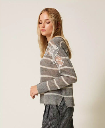 Twinset Maglia donna in misto mohair con pizzo e spacchi