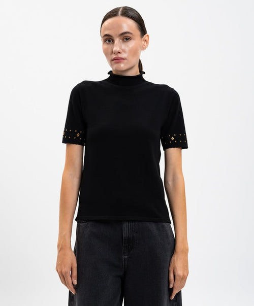 Twinset Maglia Donna con Cristalli e Bordo Grezzo – Nero