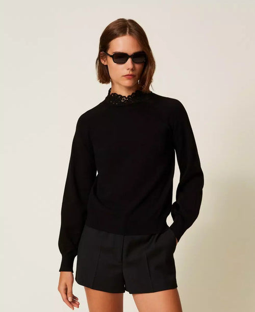 Twinset Maglia Donna Lupetto con Pizzo – Nero, linea morbida