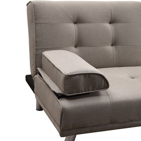 Divano Convertibile 2in1 in Tessuto Tortora Cuscini e Bracciolo con Portabibite