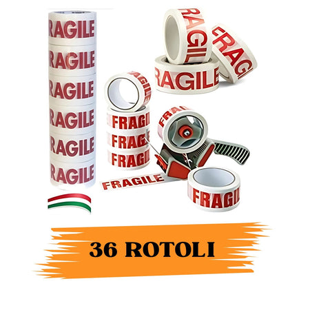 EcoPrice® Nastro Adesivo Imballaggio FRAGILE 48mmx66m 36 Rotoli Scotch